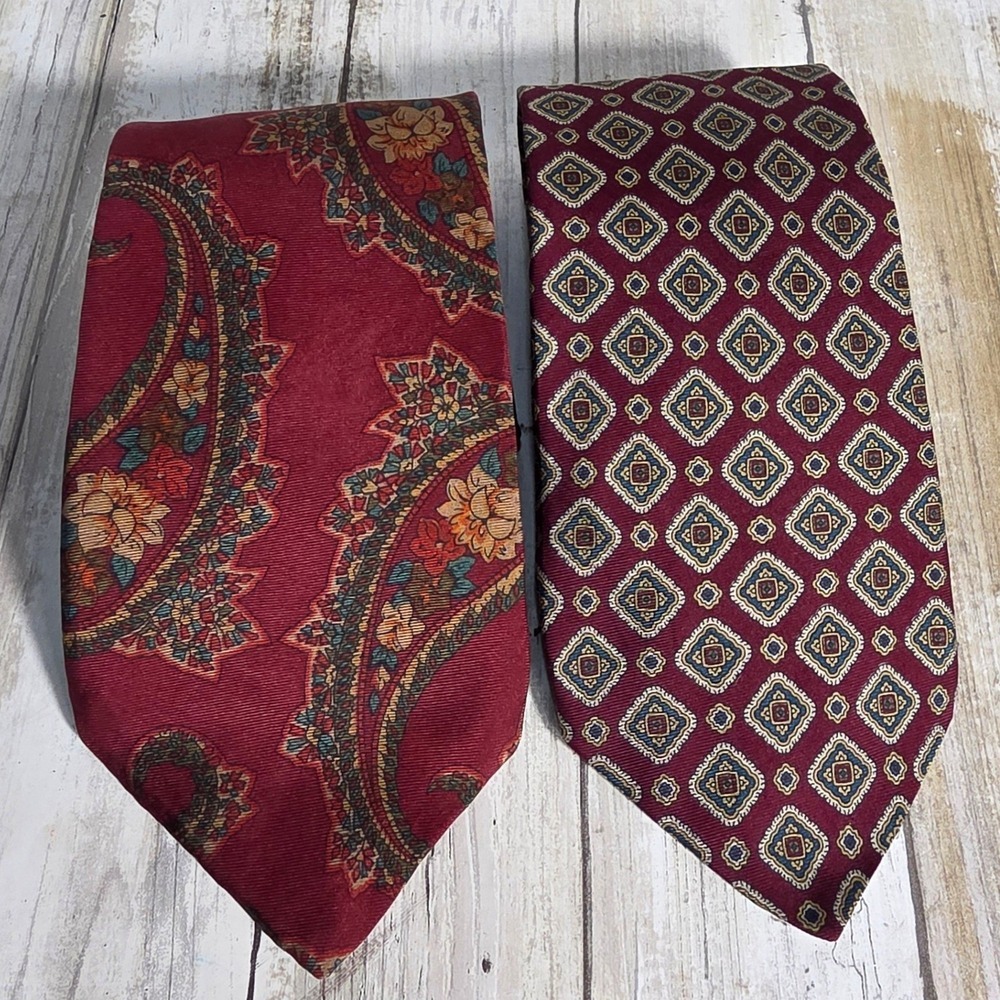 Harve Benard Pure Silk Necktie Lot 2 Burgundy Red Paisley Geometric Medallion